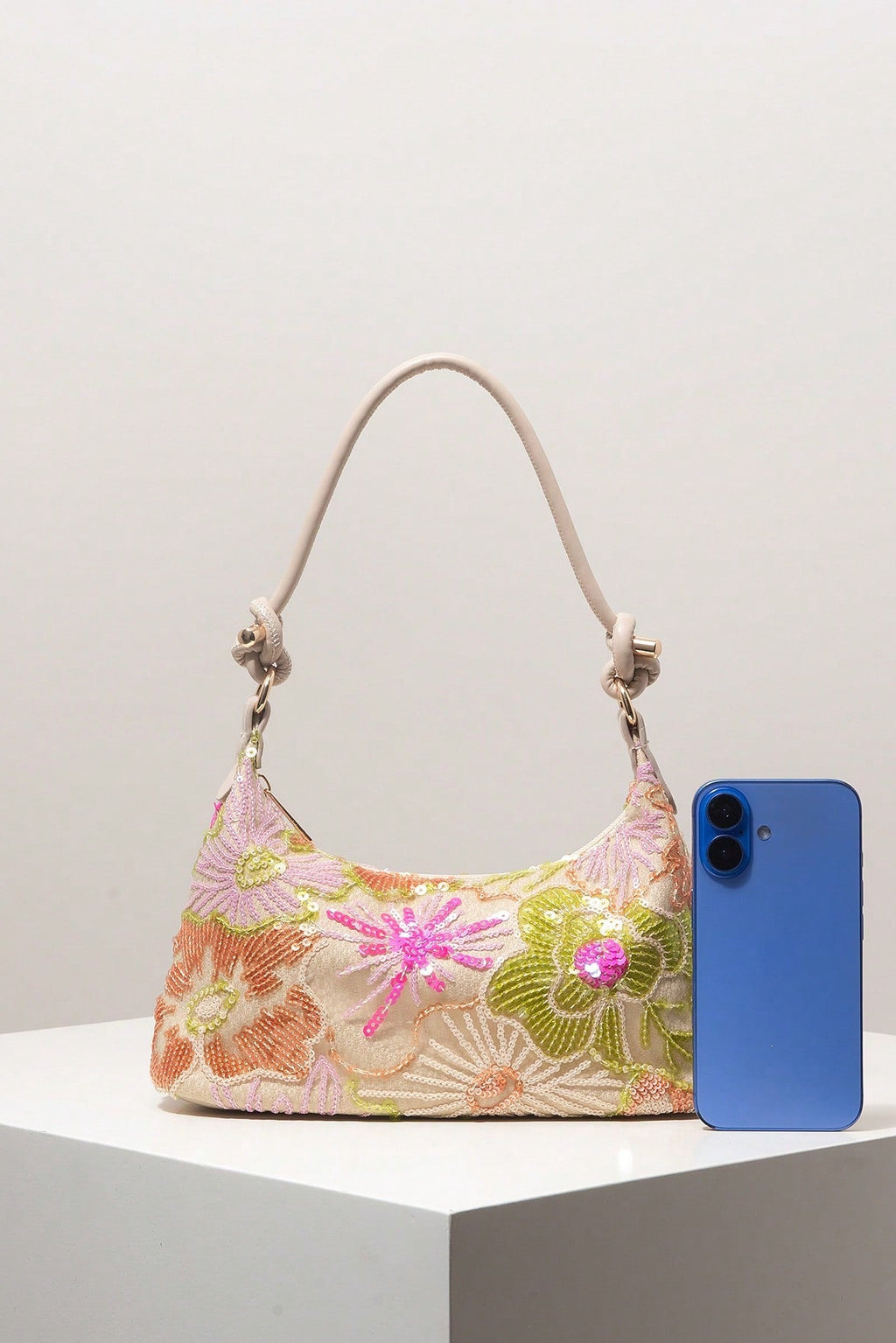 Pastel Flower Sequin Embroidered Knotted Handle Shoulder Bag