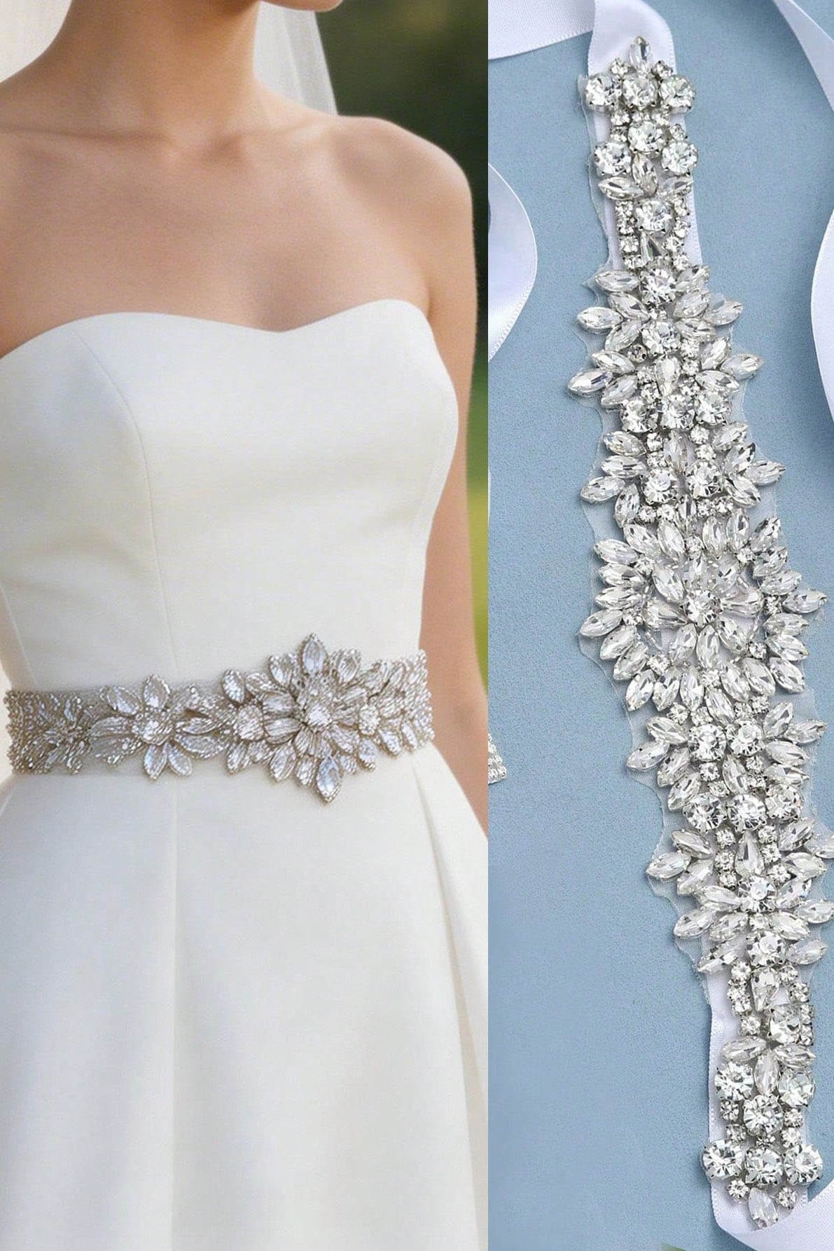 Floral Crystal Rhinestone Bridal Sash Adjustable White Ribbon Wedding Dress Belt
