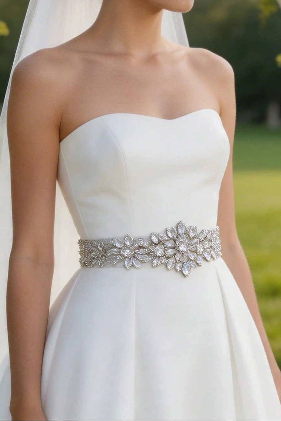 Floral Crystal Rhinestone Bridal Sash Adjustable White Ribbon Wedding Dress Belt