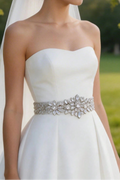 Floral Crystal Rhinestone Bridal Sash Adjustable White Ribbon Wedding Dress Belt