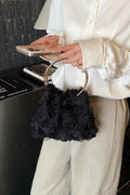 Black 3D Organza Rose Handbag Double Gold Metal Ring Handle Floral Evening Wedding Clutch Purse