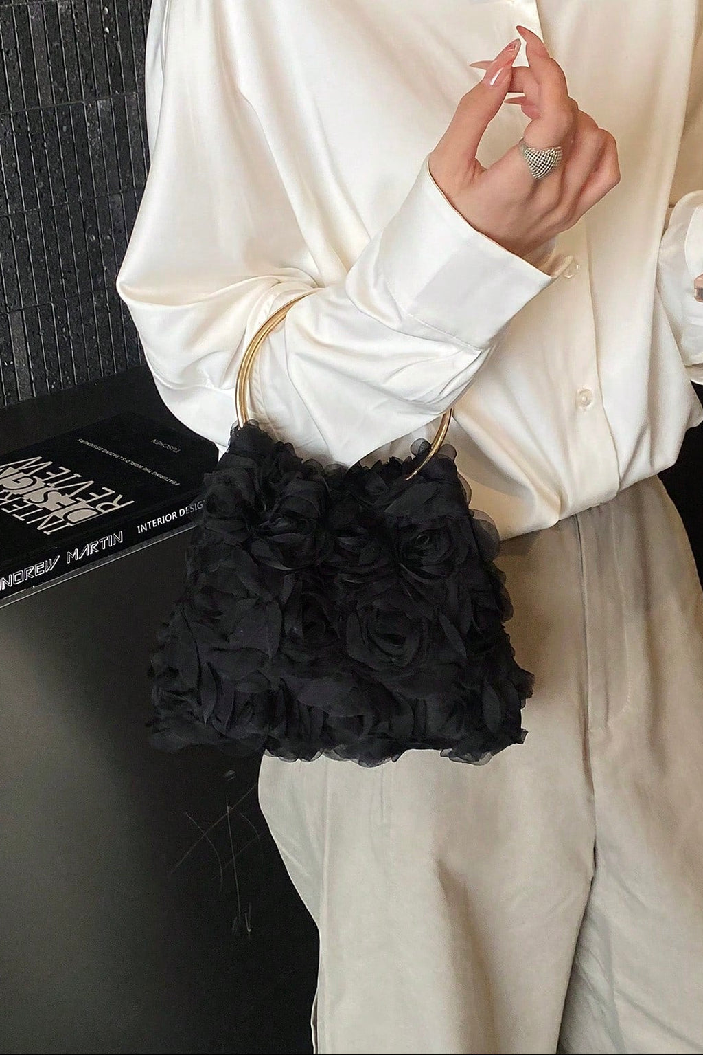 Black 3D Organza Rose Handbag Double Gold Metal Ring Handle Floral Evening Wedding Clutch Purse