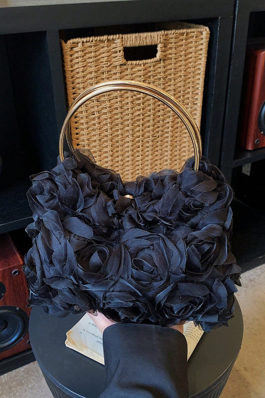 Black 3D Organza Rose Handbag Double Gold Metal Ring Handle Floral Evening Wedding Clutch Purse