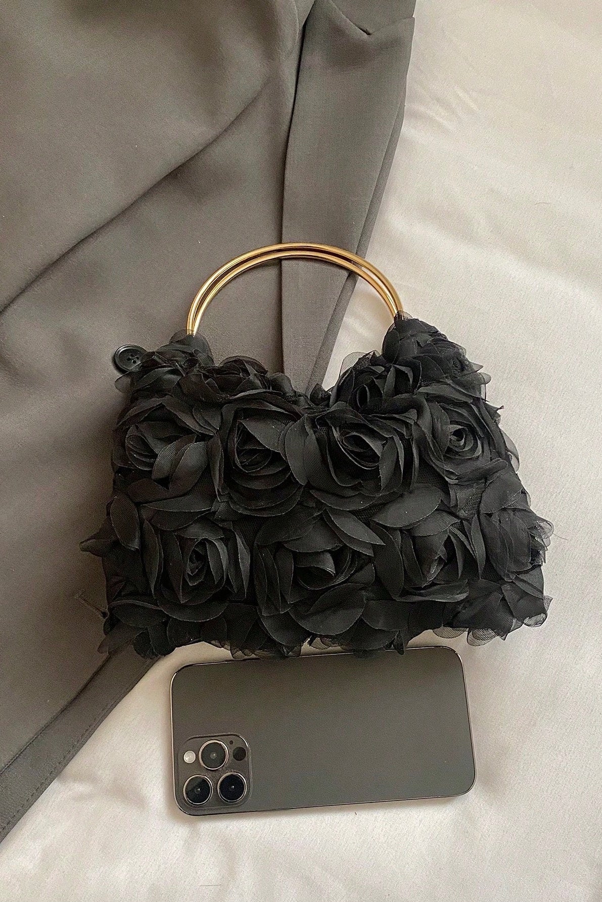 Black 3D Organza Rose Handbag Double Gold Metal Ring Handle Floral Evening Wedding Clutch Purse