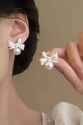 French Vintage Bow Knot Pearl Stud Earrings Silver Tone Feminine Bridal Daily Earrings