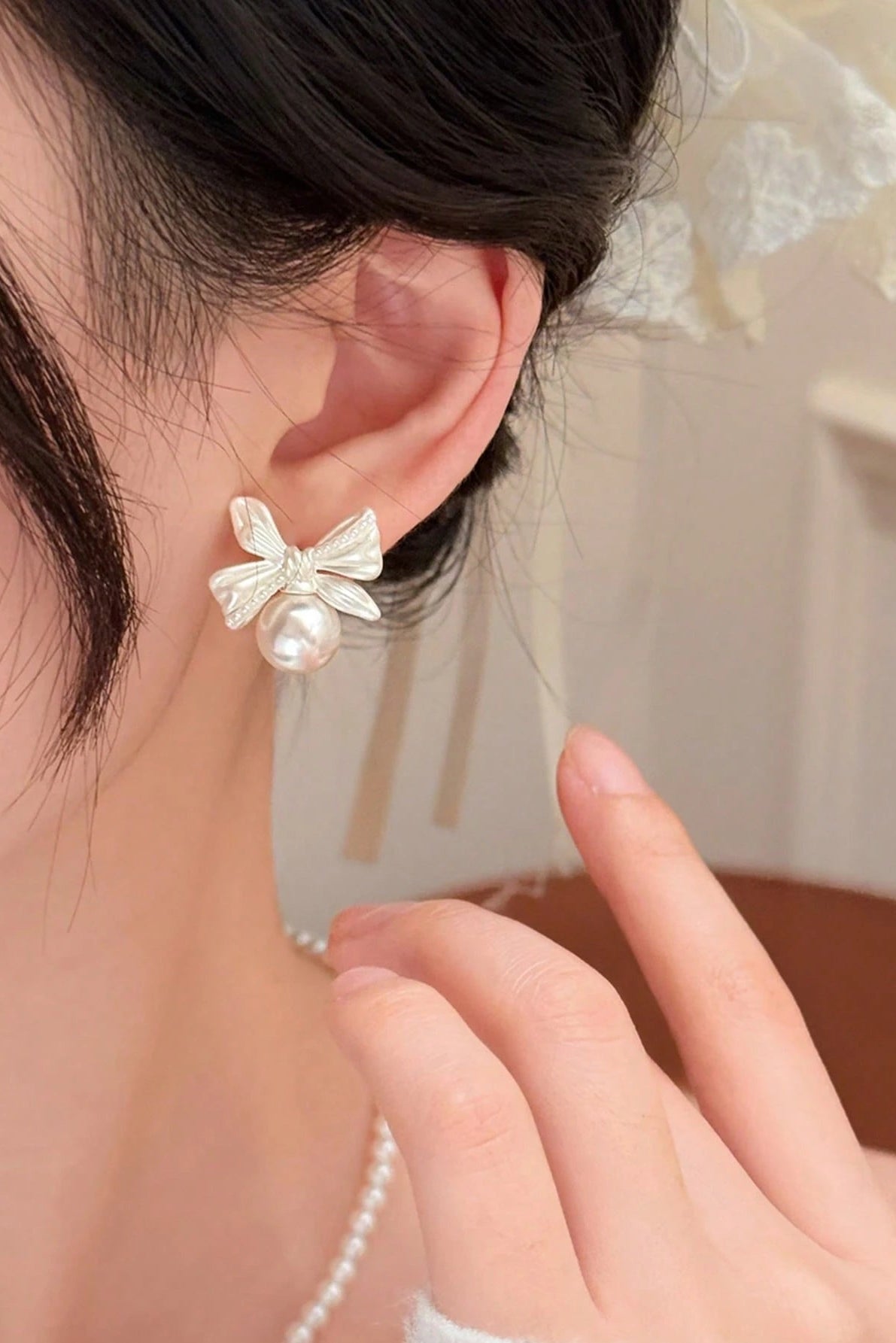 French Vintage Bow Knot Pearl Stud Earrings Silver Tone Feminine Bridal Daily Earrings