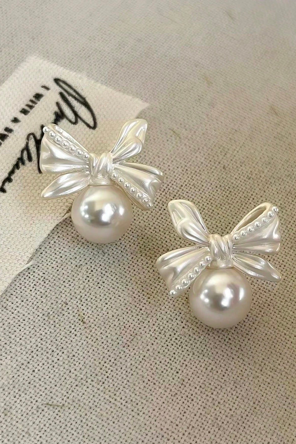 French Vintage Bow Knot Pearl Stud Earrings Silver Tone Feminine Bridal Daily Earrings