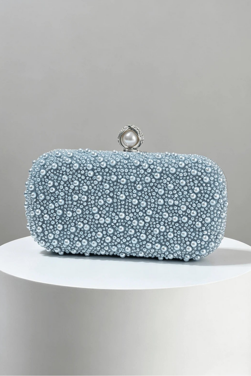 Mixed Bead Pastel Blue Pearl Kiss Lock Rectangular Clutch Bag