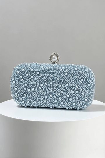 Mixed Bead Pastel Blue Pearl Kiss Lock Rectangular Clutch Bag