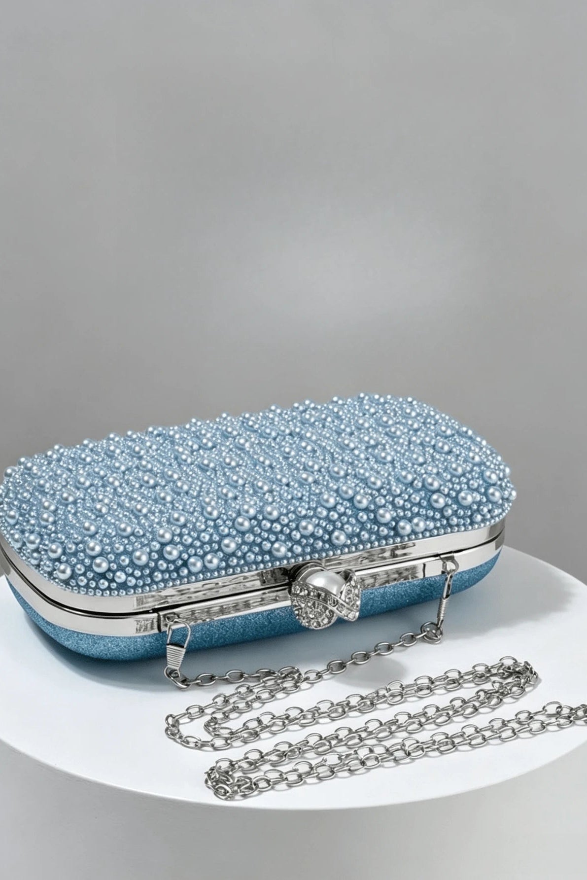 Mixed Bead Pastel Blue Pearl Kiss Lock Rectangular Clutch Bag