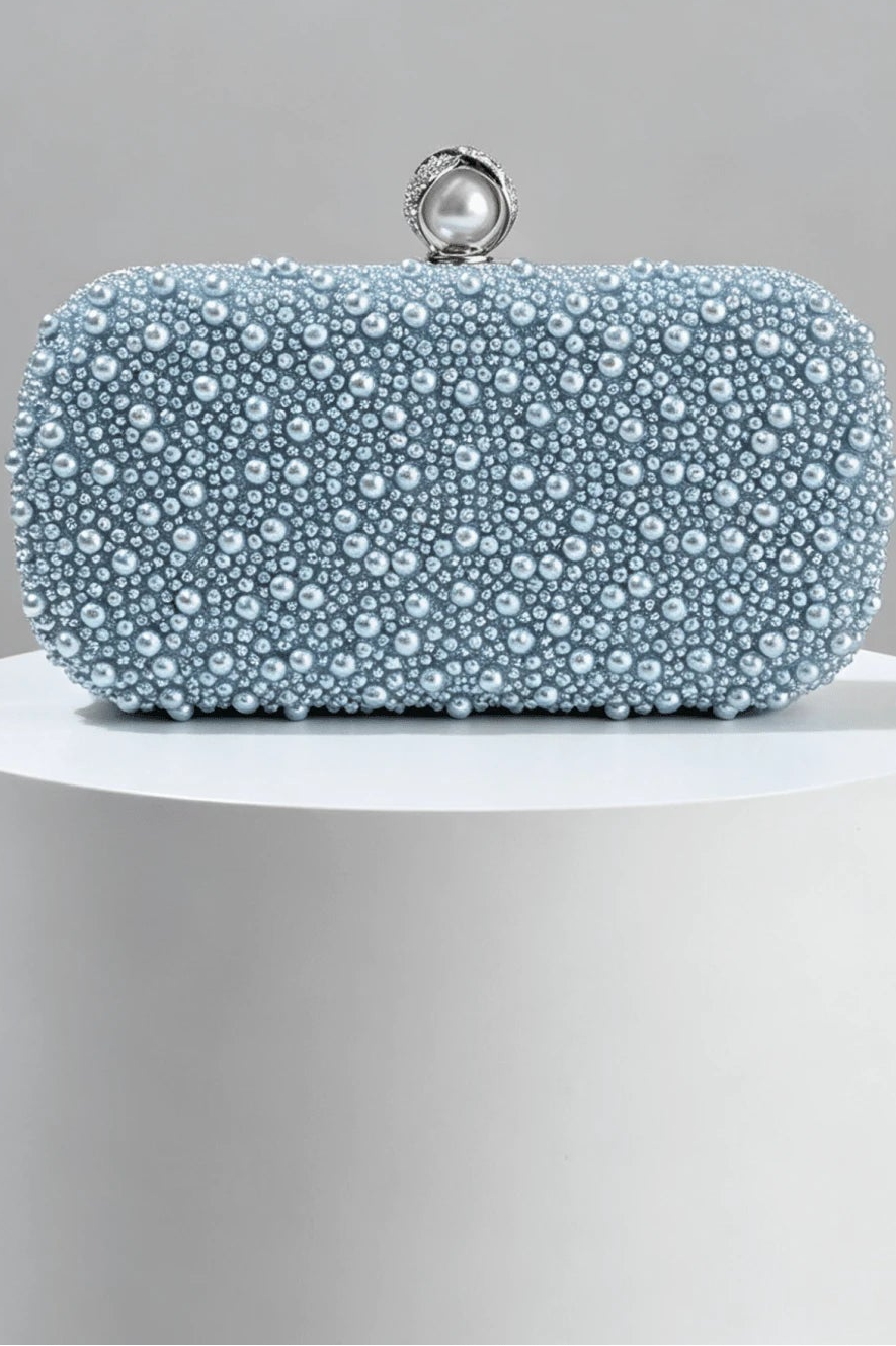 Mixed Bead Pastel Blue Pearl Kiss Lock Rectangular Clutch Bag