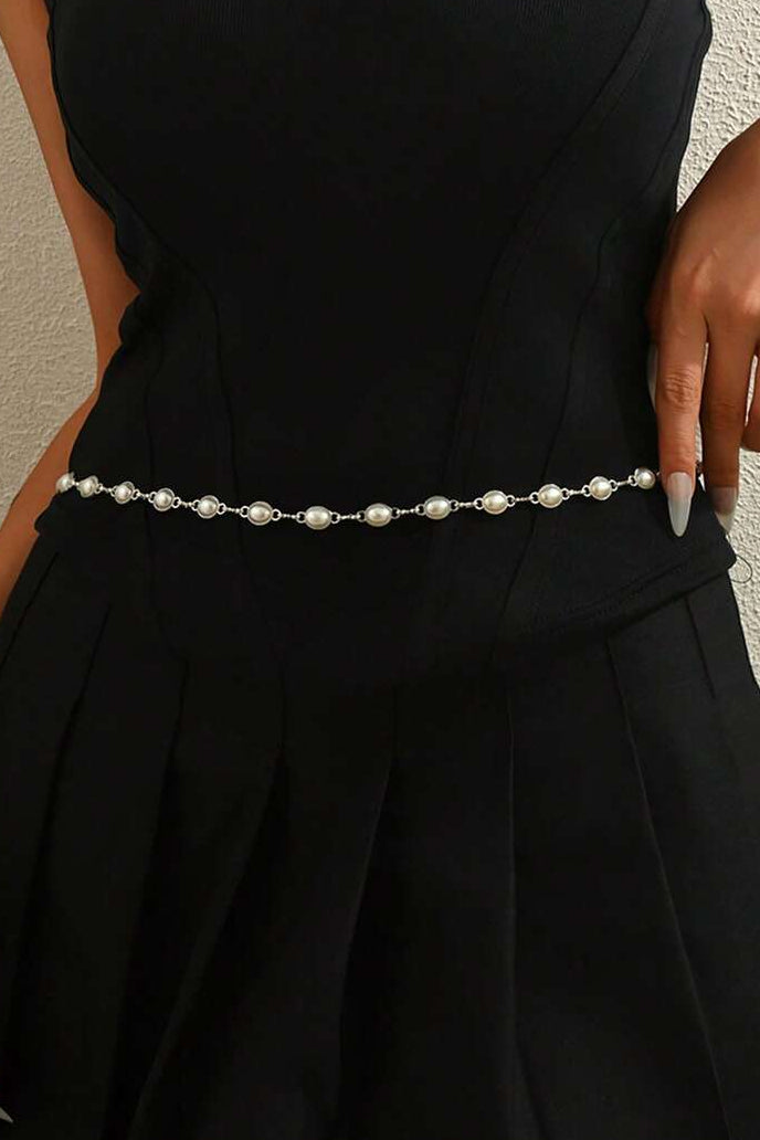 Silver Oval Pearl Waist Chain Adjustable Tassel Body Chain Women Dress Waist Belt