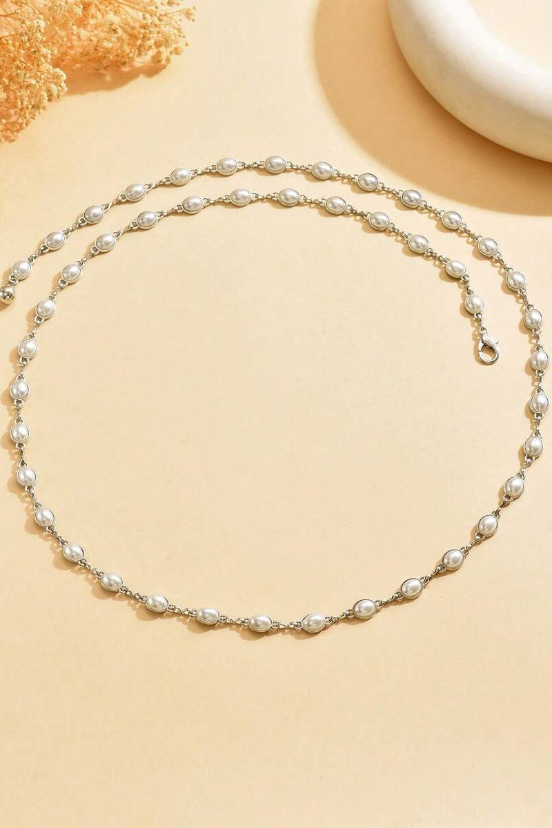 Silver Oval Pearl Waist Chain Adjustable Tassel Body Chain Women Dress Waist Belt
