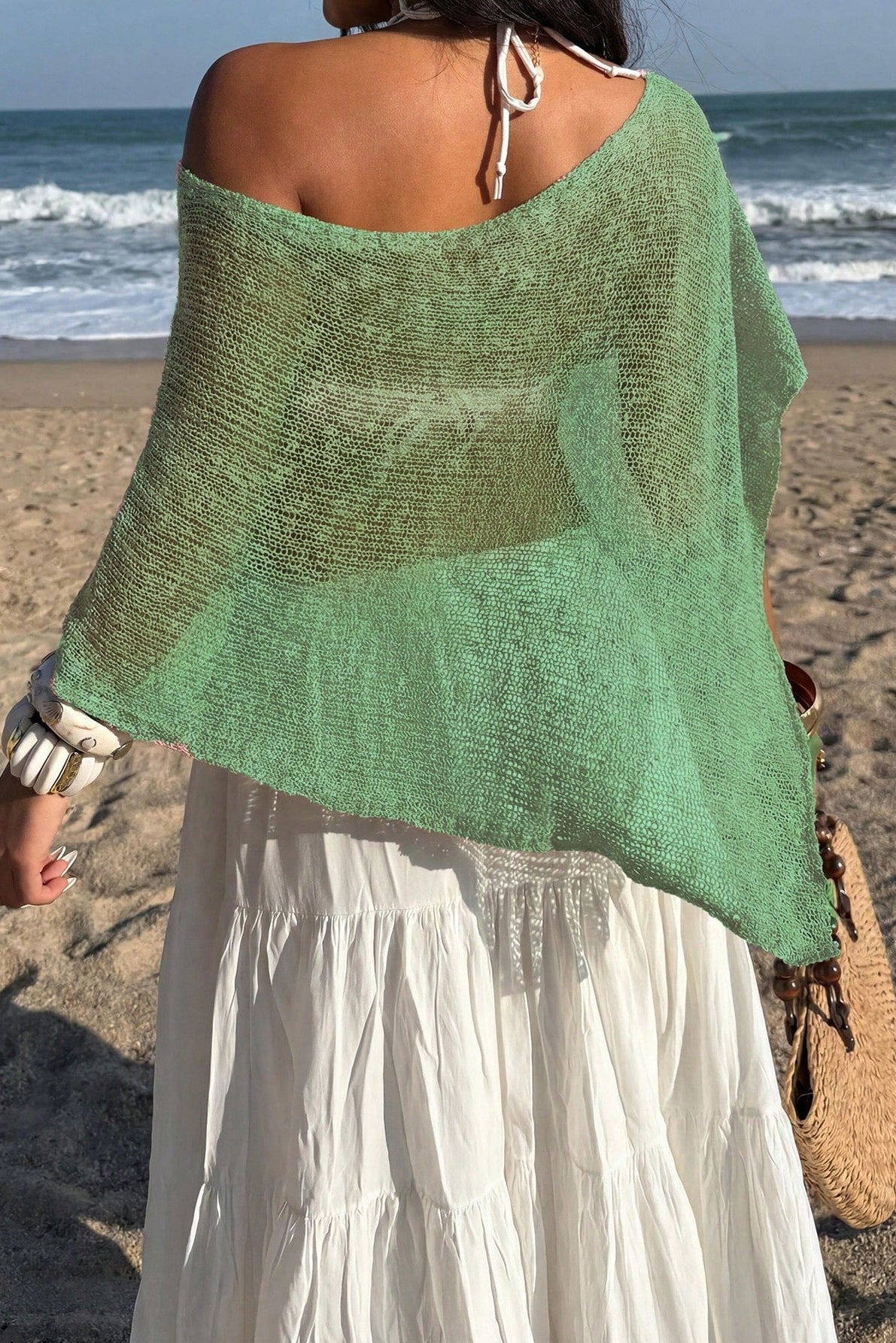 Sheer Mesh Knit Asymmetric Beach Poncho Cover Up
