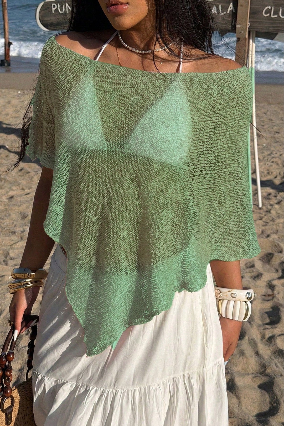 Sheer Mesh Knit Asymmetric Beach Poncho Cover Up