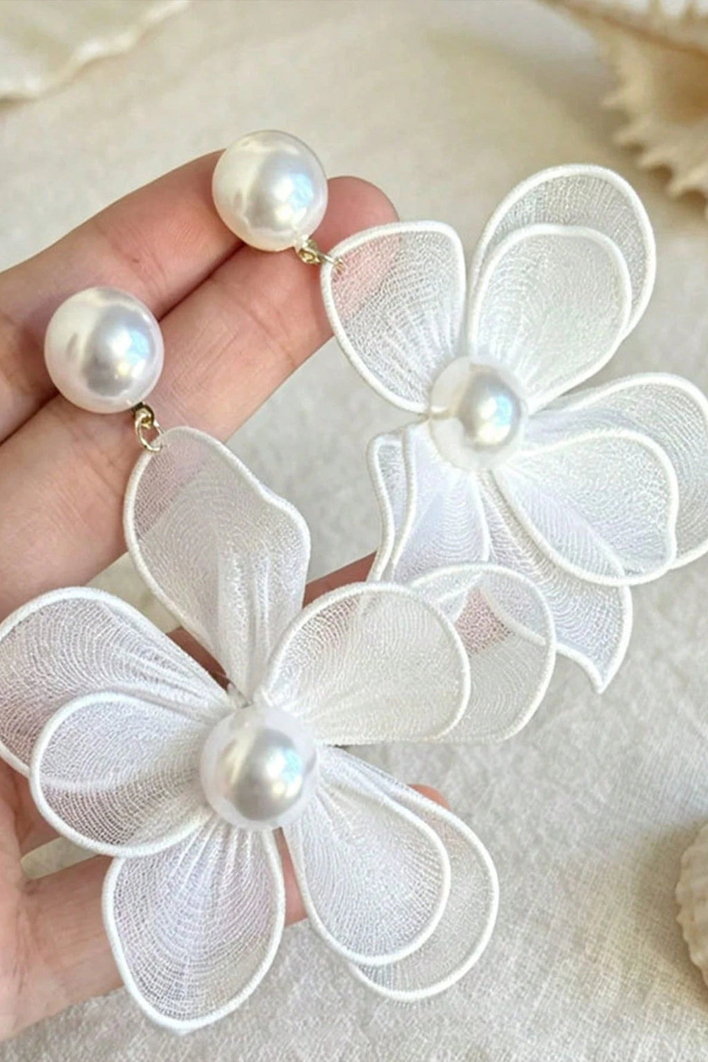 Sheer White Floral Pearl Drop Earrings Boho Bridal Jewelry