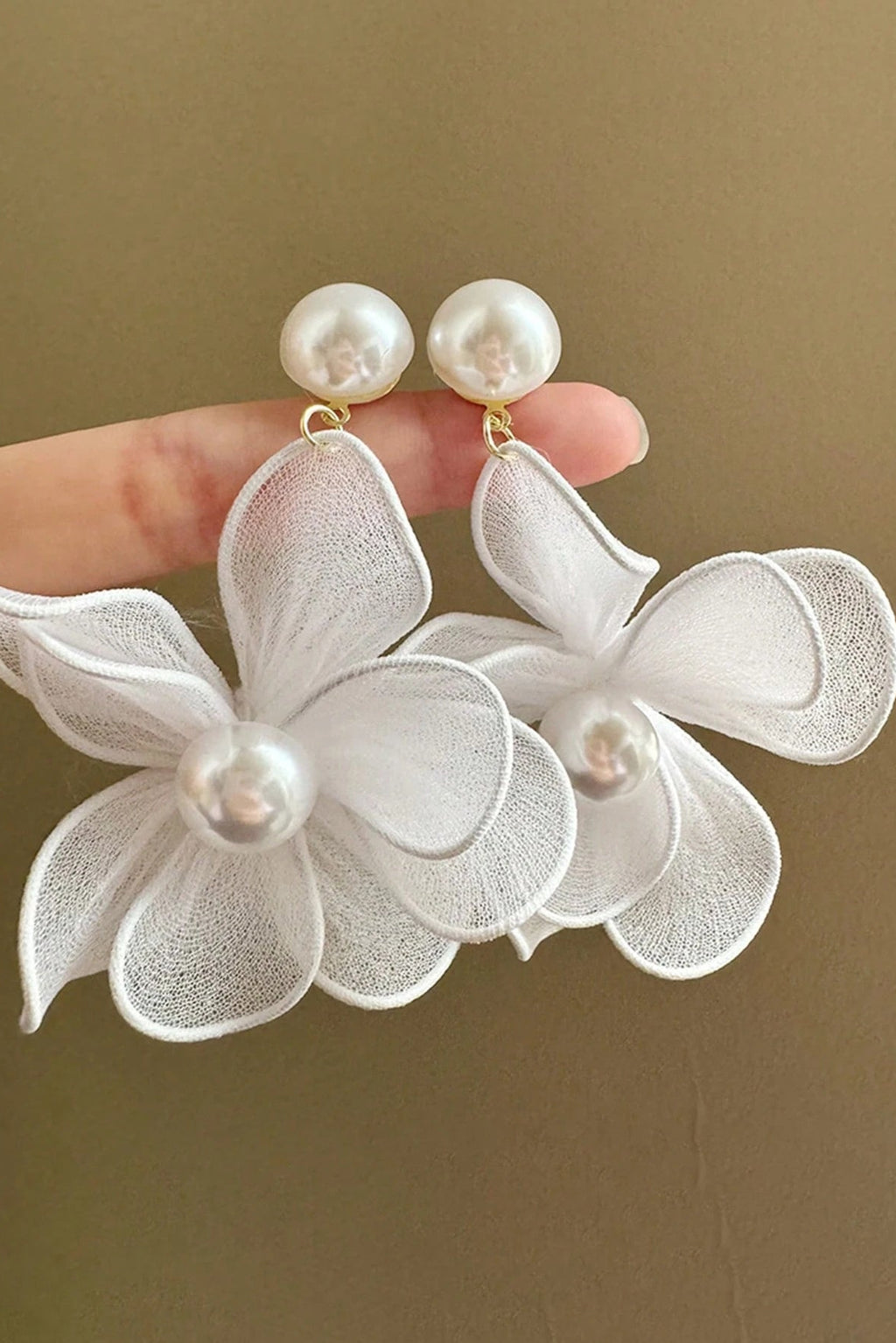 Sheer White Floral Pearl Drop Earrings Boho Bridal Jewelry