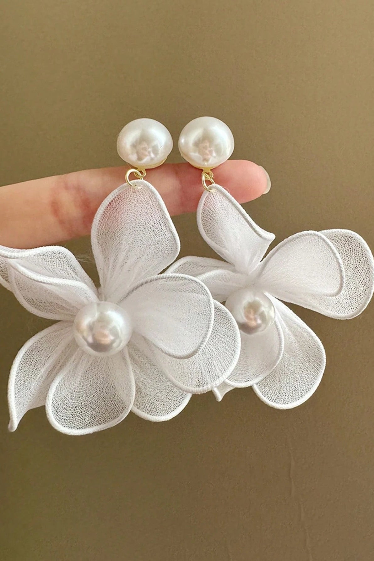 Sheer White Floral Pearl Drop Earrings Boho Bridal Jewelry