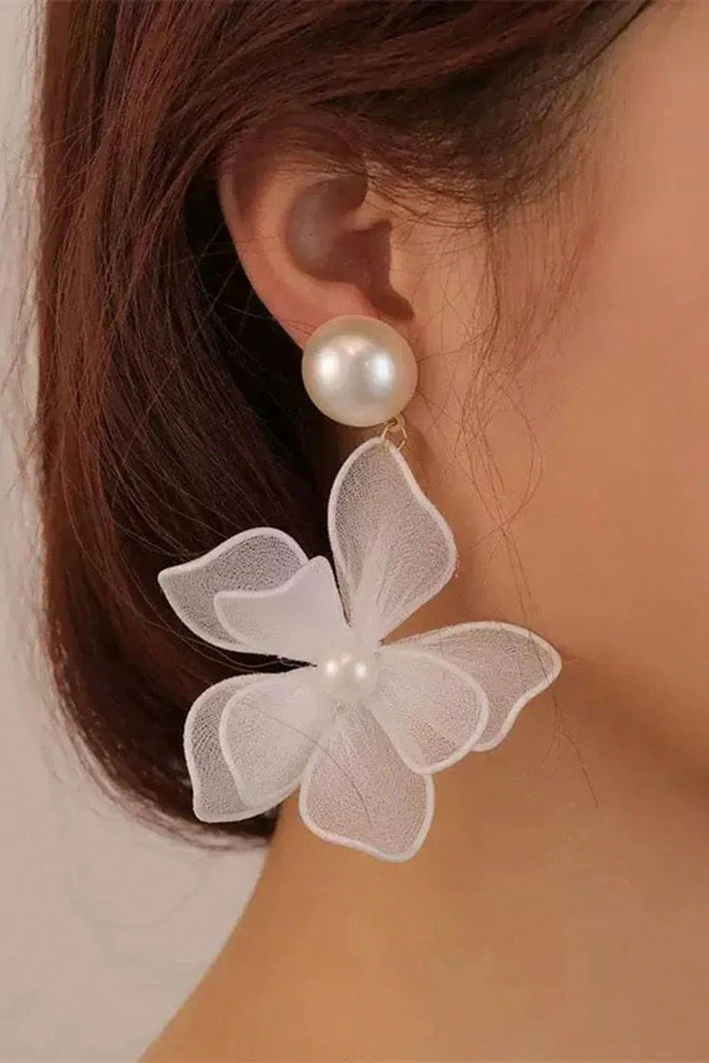 Sheer White Floral Pearl Drop Earrings Boho Bridal Jewelry