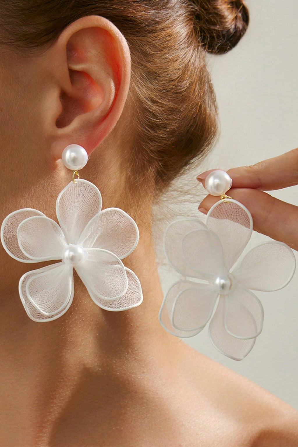Sheer White Floral Pearl Drop Earrings Boho Bridal Jewelry
