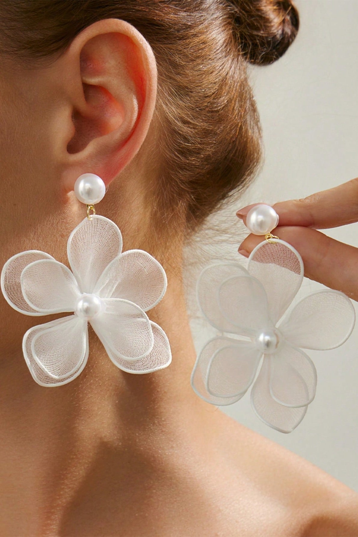 Sheer White Floral Pearl Drop Earrings Boho Bridal Jewelry
