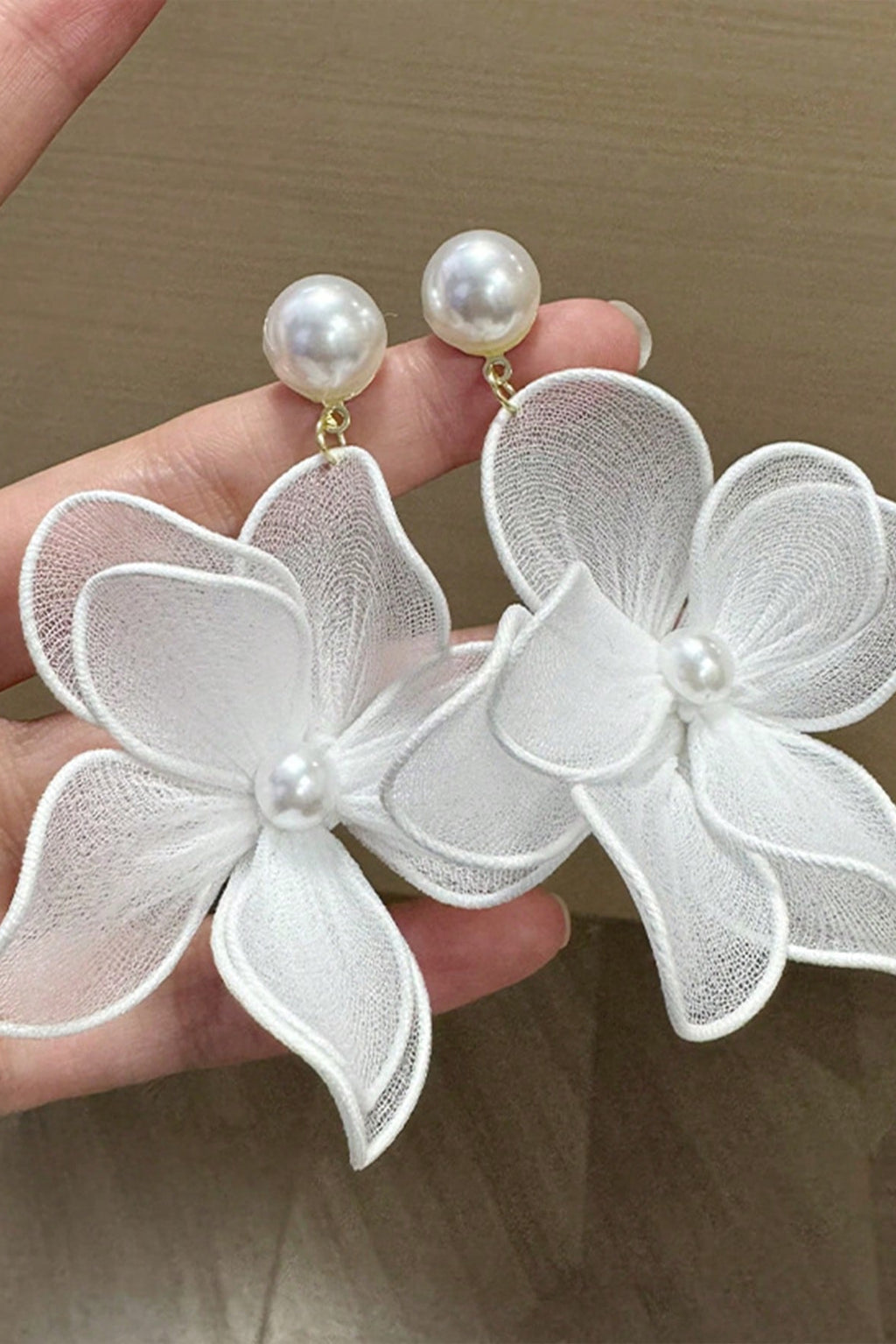 Sheer White Floral Pearl Drop Earrings Boho Bridal Jewelry