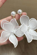 Sheer White Floral Pearl Drop Earrings Boho Bridal Jewelry