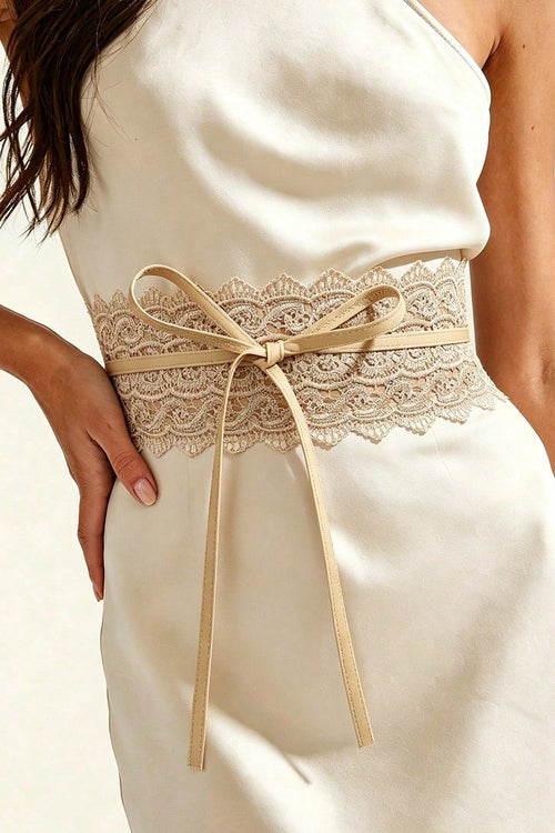 Beige Scalloped Lace Elastic Waist Belt Thin Bow Tie Sash Women Dress Accessory