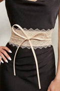 Beige Scalloped Lace Elastic Waist Belt Thin Bow Tie Sash Women Dress Accessory