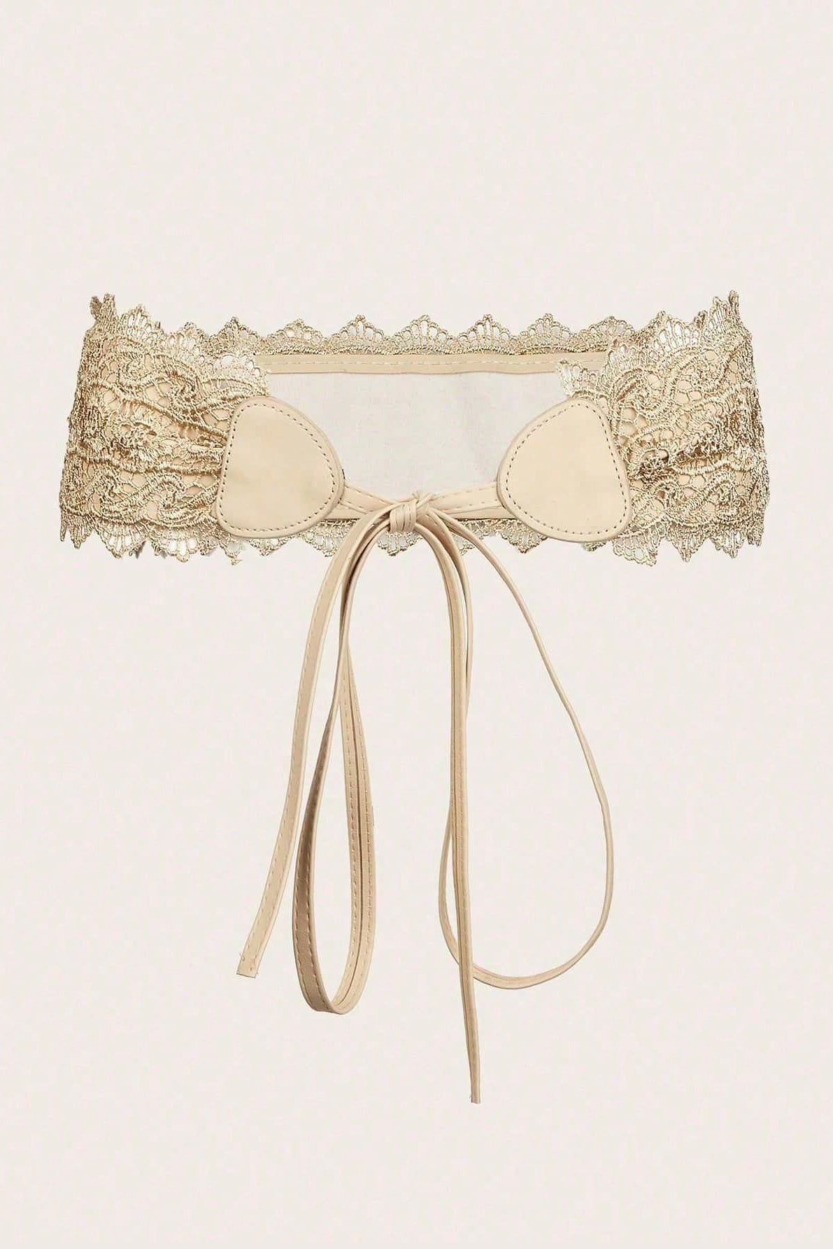 Beige Scalloped Lace Elastic Waist Belt Thin Bow Tie Sash Women Dress Accessory