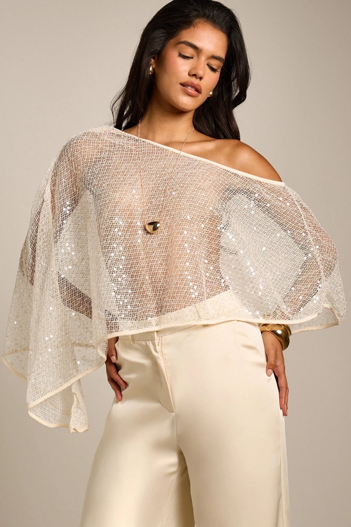 Sequin Mesh Cape Sheer Evening Shoulder Wrap Top