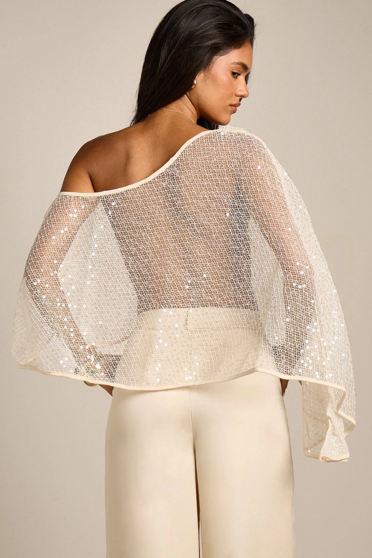 Sequin Mesh Cape Sheer Evening Shoulder Wrap Top