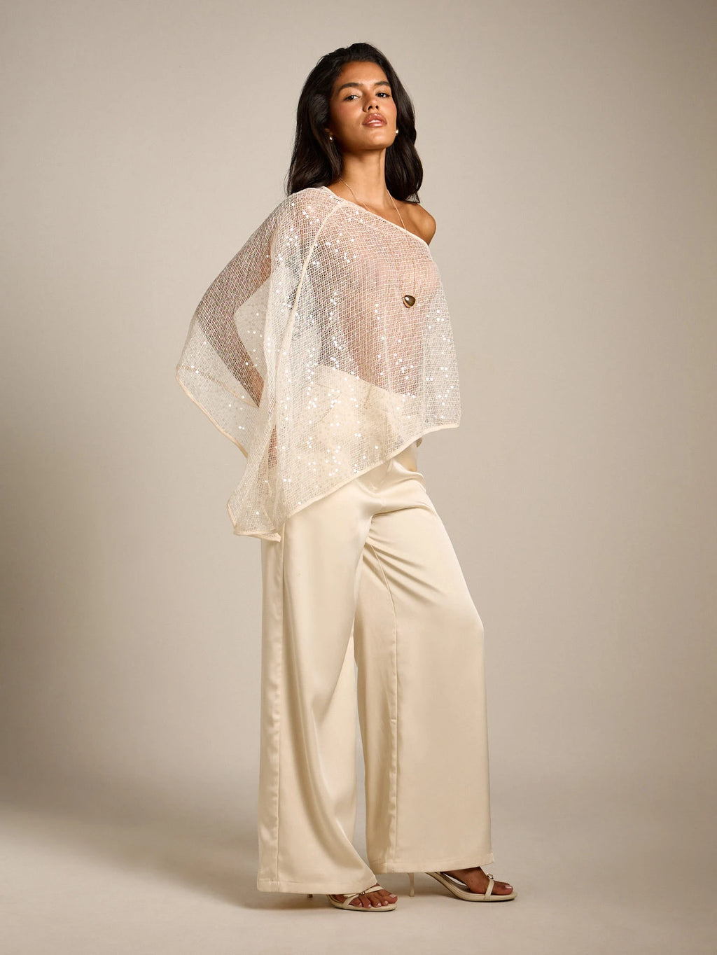 Sequin Mesh Cape Sheer Evening Shoulder Wrap Top