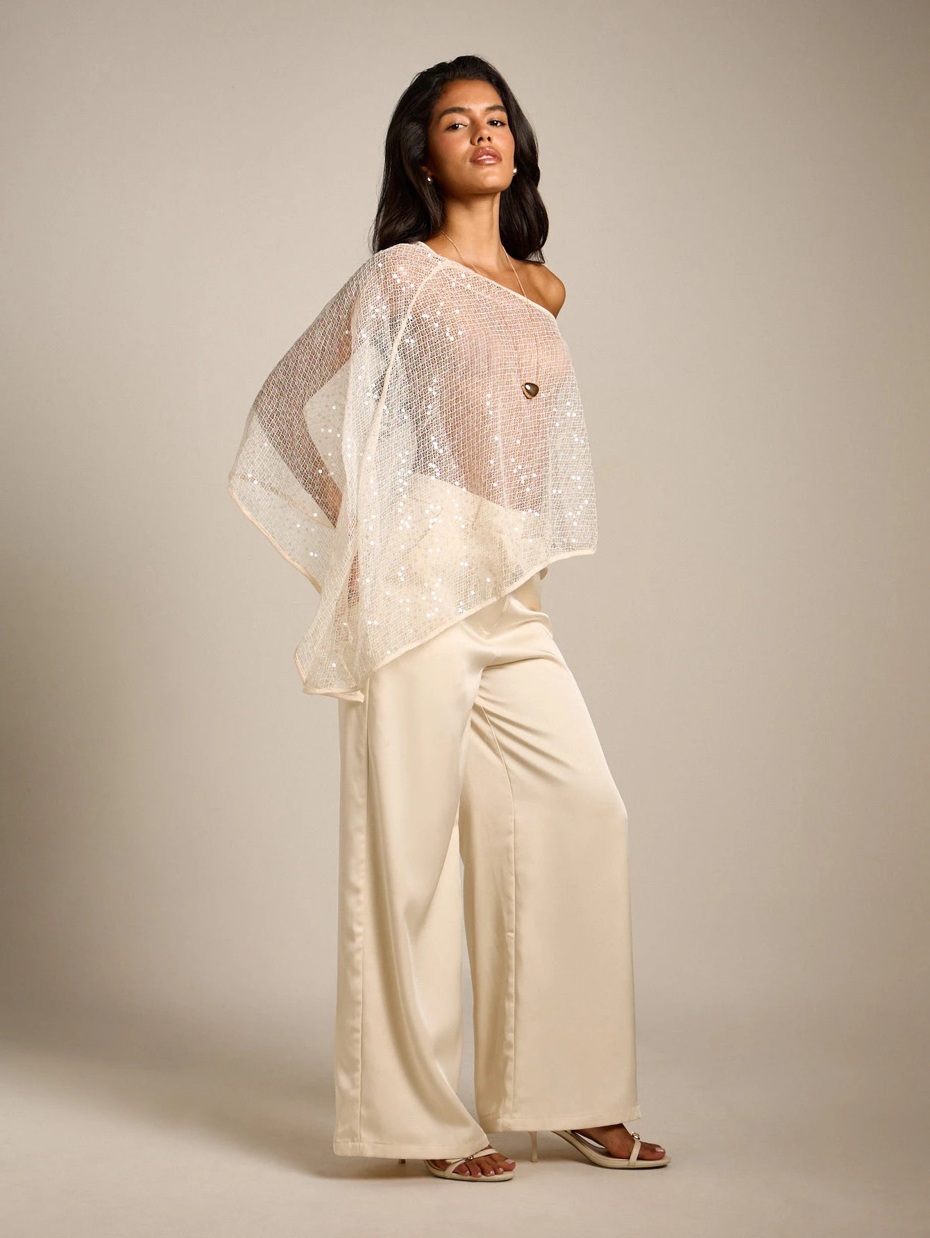Sequin Mesh Cape Sheer Evening Shoulder Wrap Top