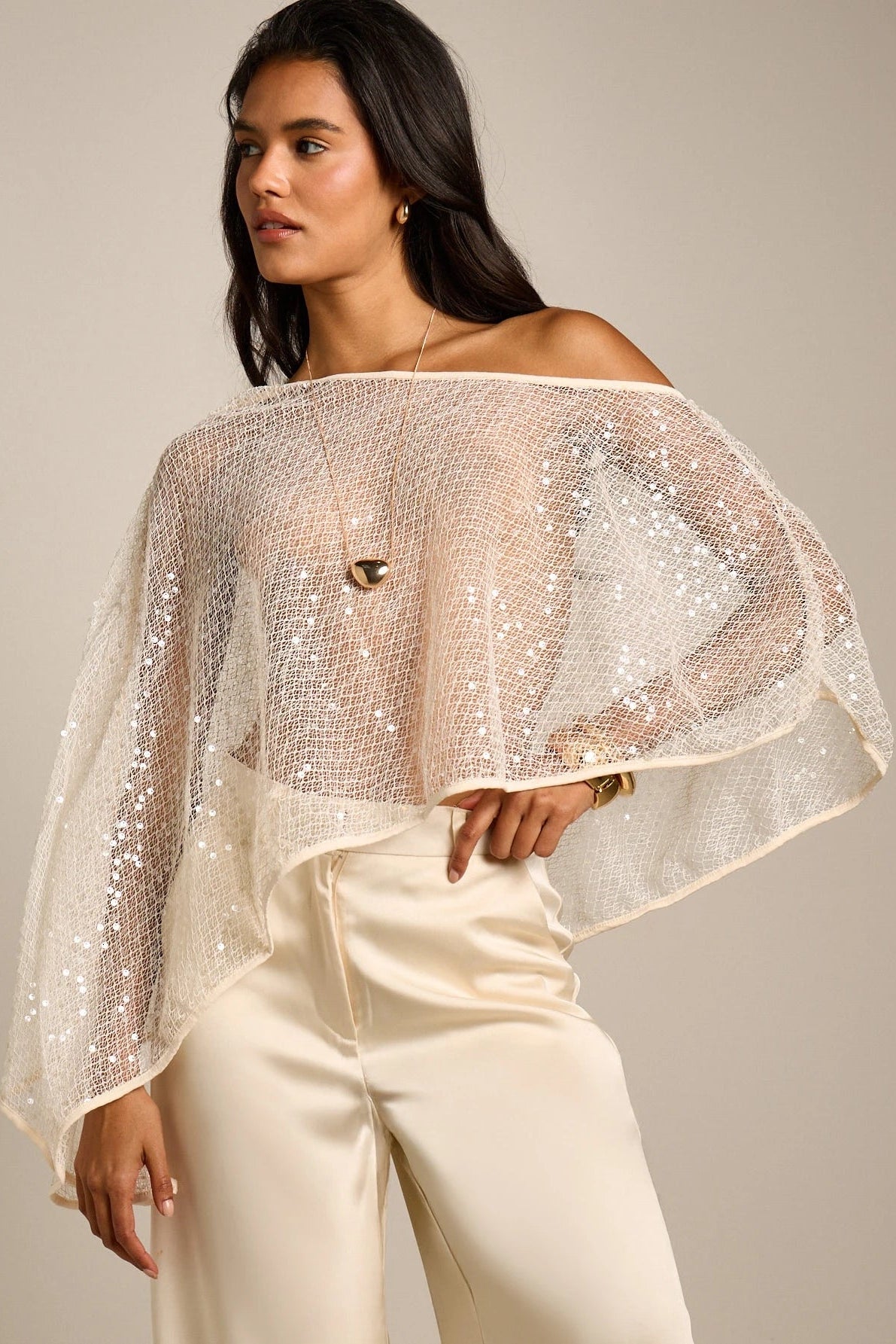 Sequin Mesh Cape Sheer Evening Shoulder Wrap Top