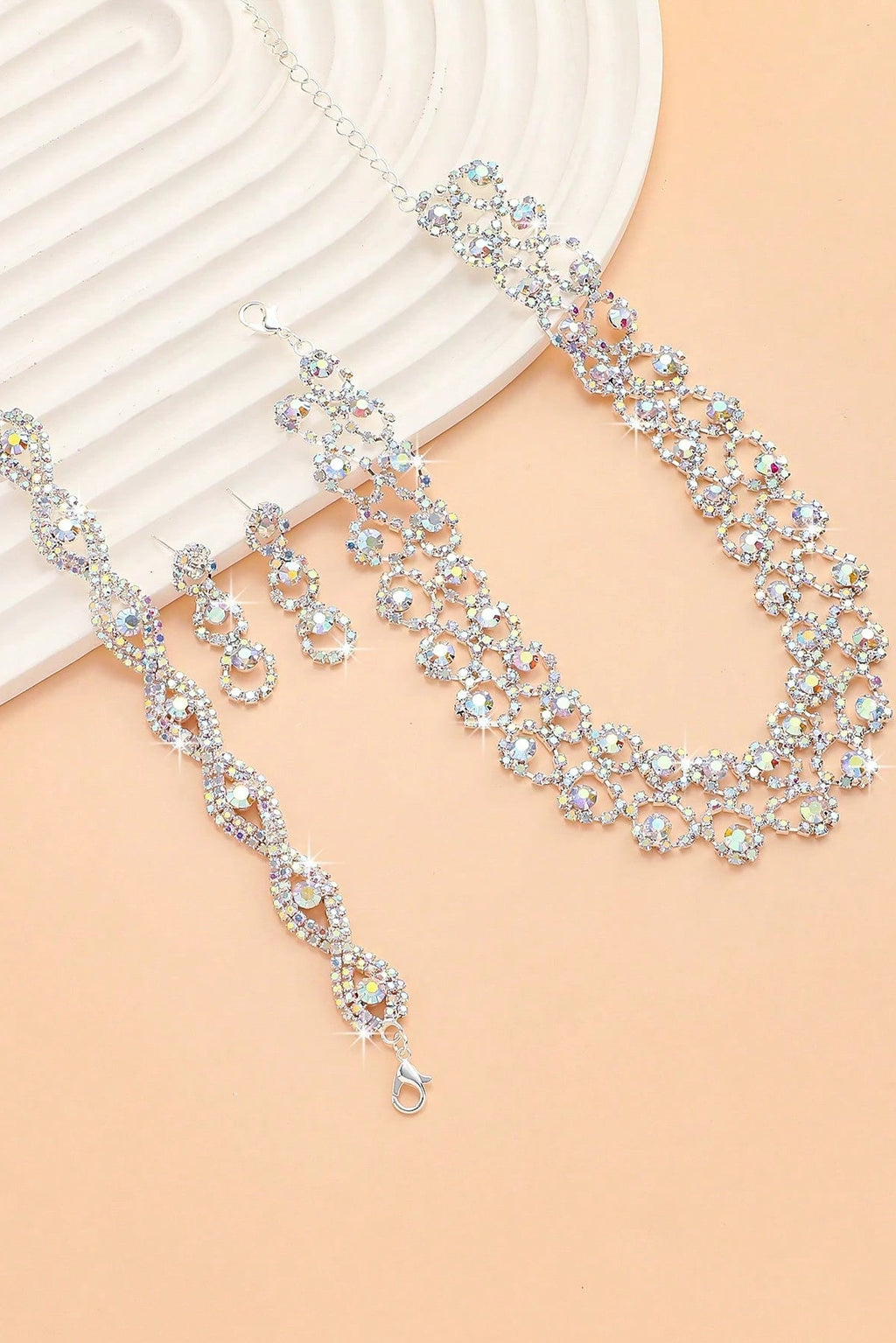 Rhinestone Lace Bridal 4-Piece Jewelry Set Silver Party Jewelry