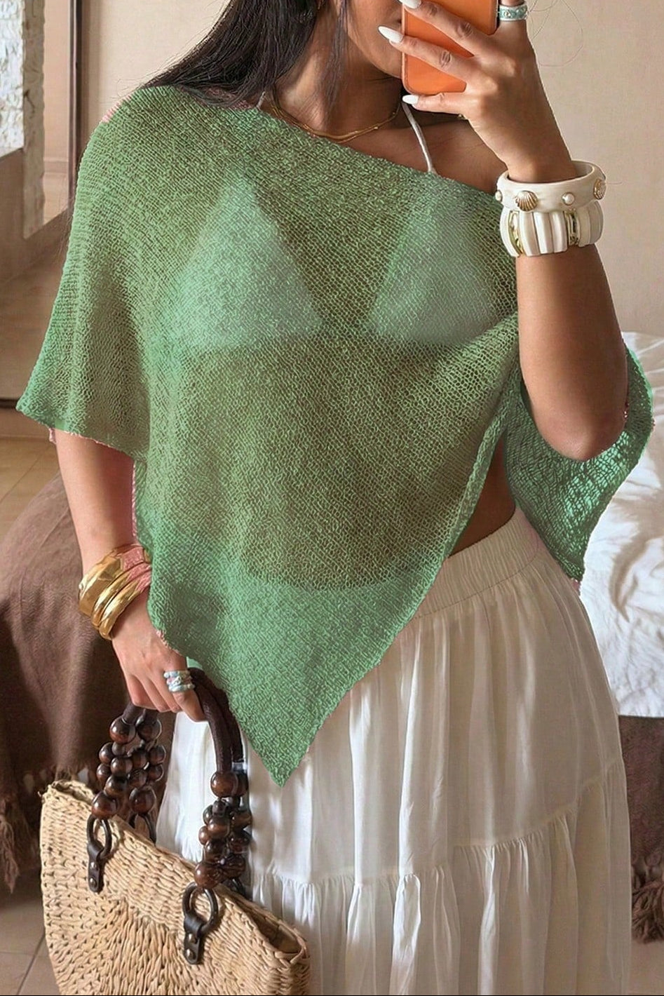 Sheer Mesh Knit Asymmetric Beach Poncho Cover Up