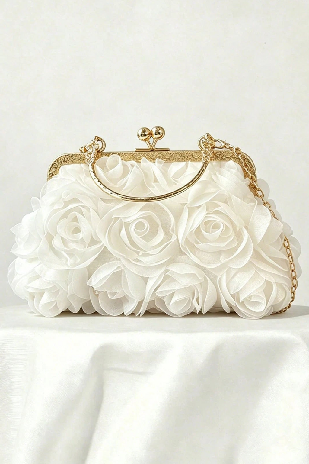 Pure White 3D Floral Kiss Lock Clutch with Gold Chain & Ring Handle
