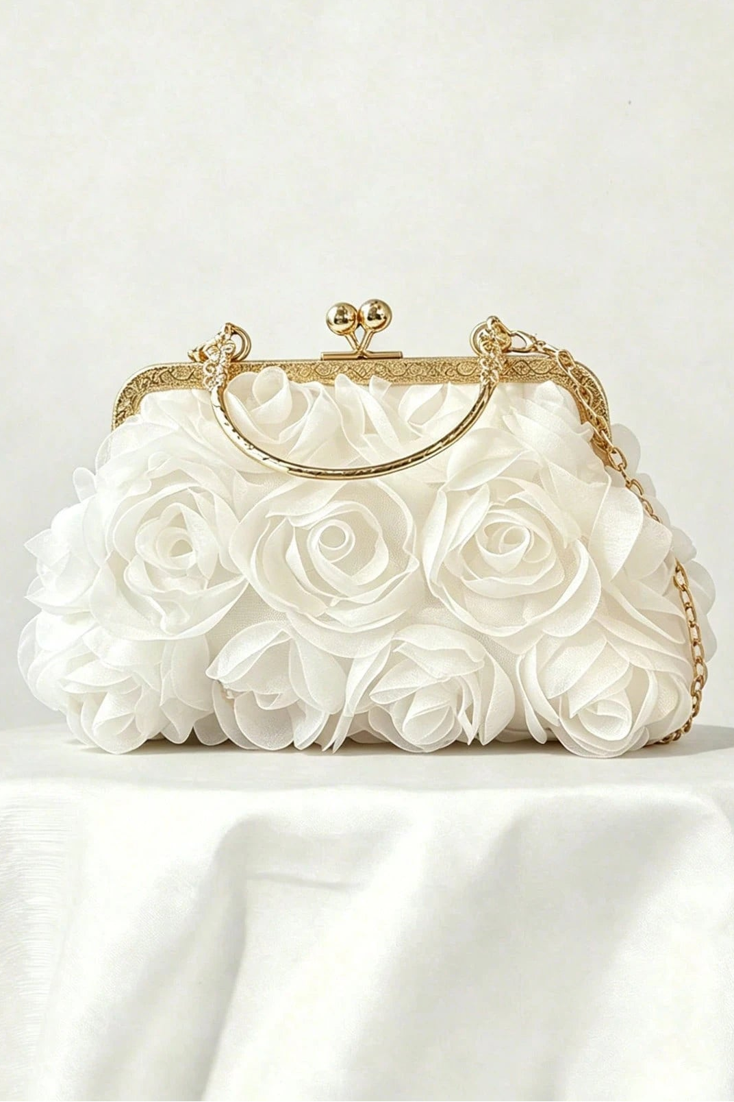 Pure White 3D Floral Kiss Lock Clutch with Gold Chain & Ring Handle