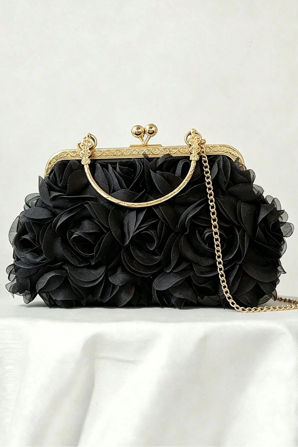 3D Black Floral Kiss Lock Clutch with Gold Chain & Ring Handle