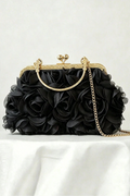 3D Black Floral Kiss Lock Clutch with Gold Chain & Ring Handle