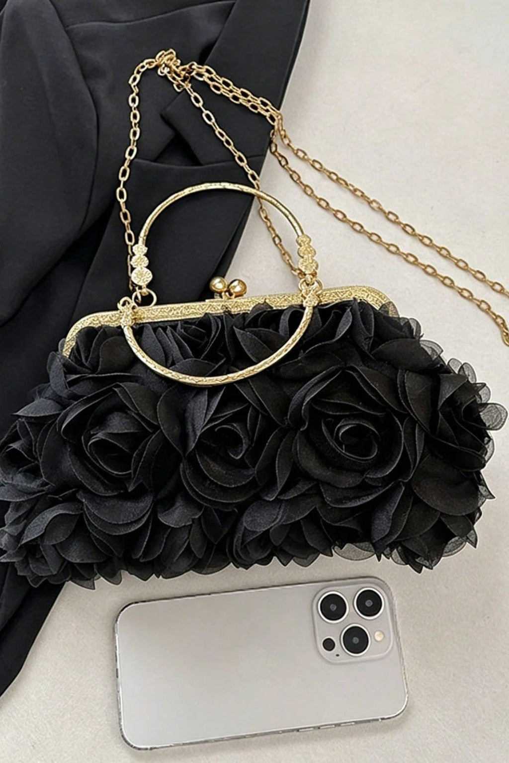 3D Black Floral Kiss Lock Clutch with Gold Chain & Ring Handle