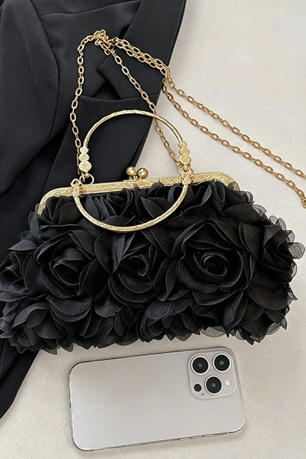 3D Black Floral Kiss Lock Clutch with Gold Chain & Ring Handle