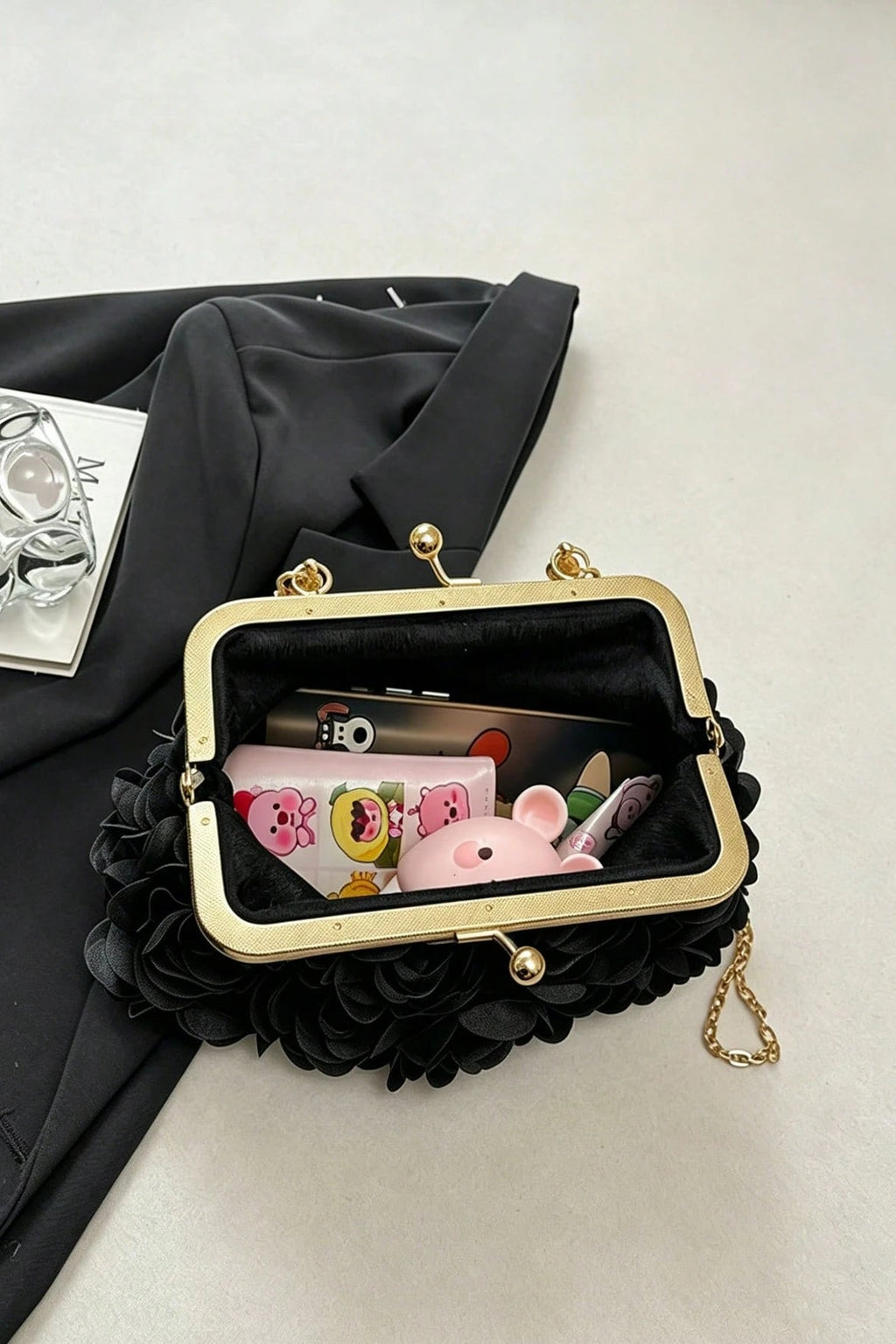 3D Black Floral Kiss Lock Clutch with Gold Chain & Ring Handle