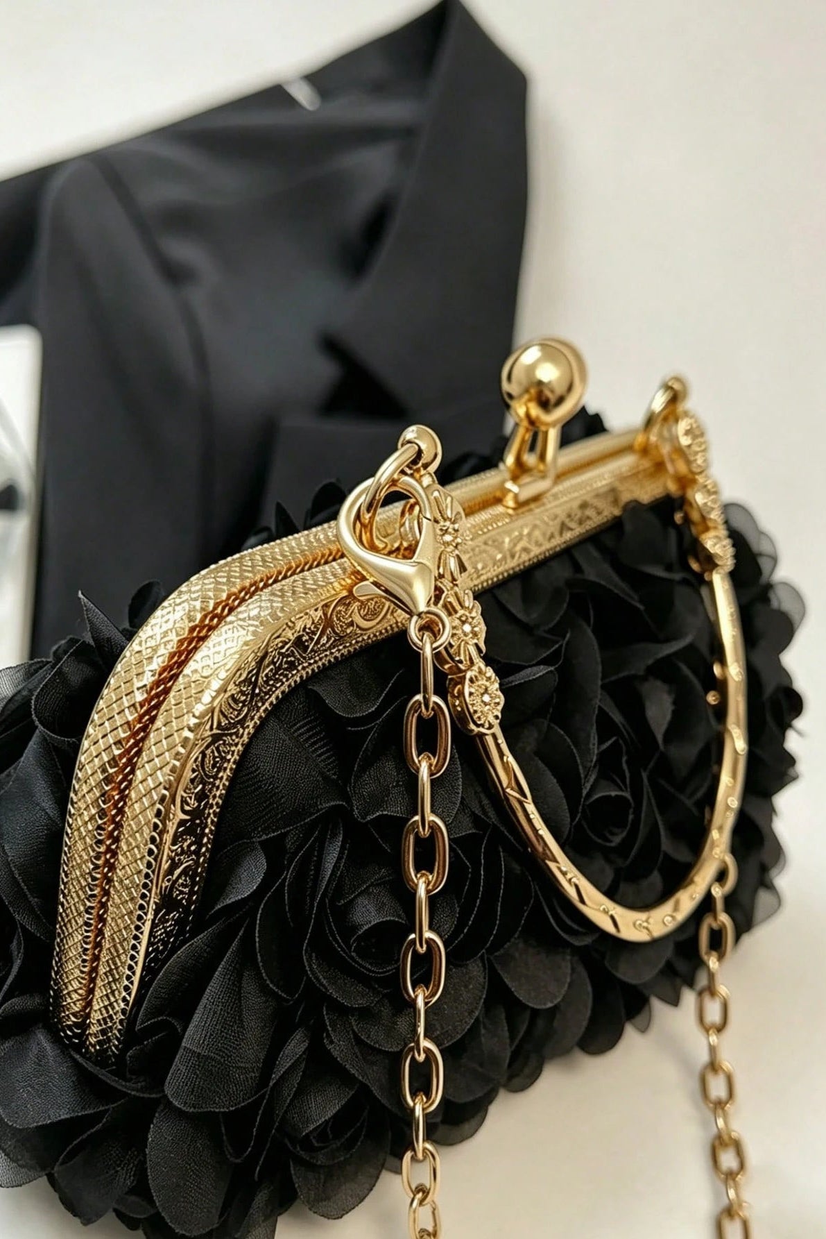 3D Black Floral Kiss Lock Clutch with Gold Chain & Ring Handle