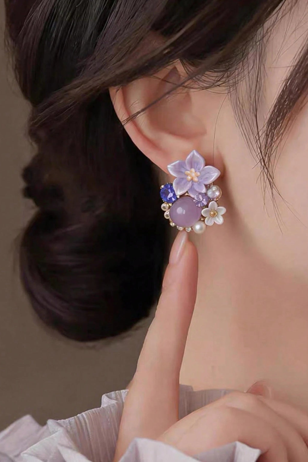 Dainty Purple Floral Crystal Pearl Stud Earrings Gold Jewelry