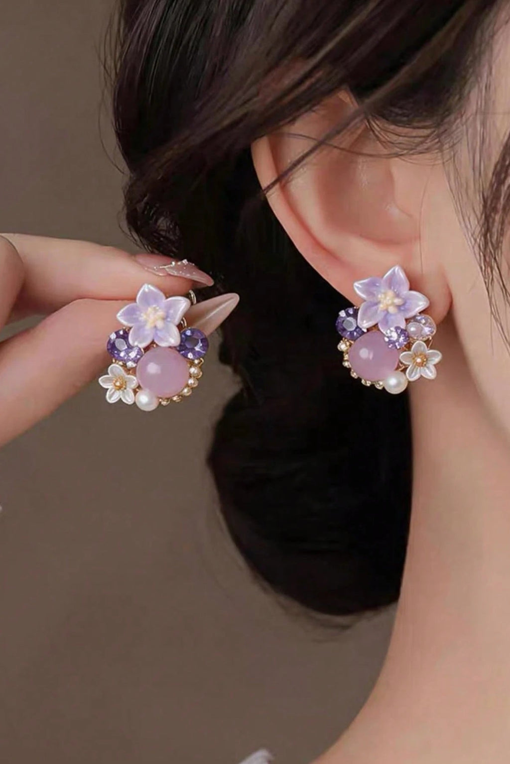 Dainty Purple Floral Crystal Pearl Stud Earrings Gold Jewelry