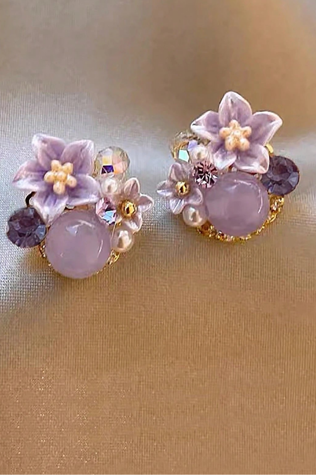 Dainty Purple Floral Crystal Pearl Stud Earrings Gold Jewelry