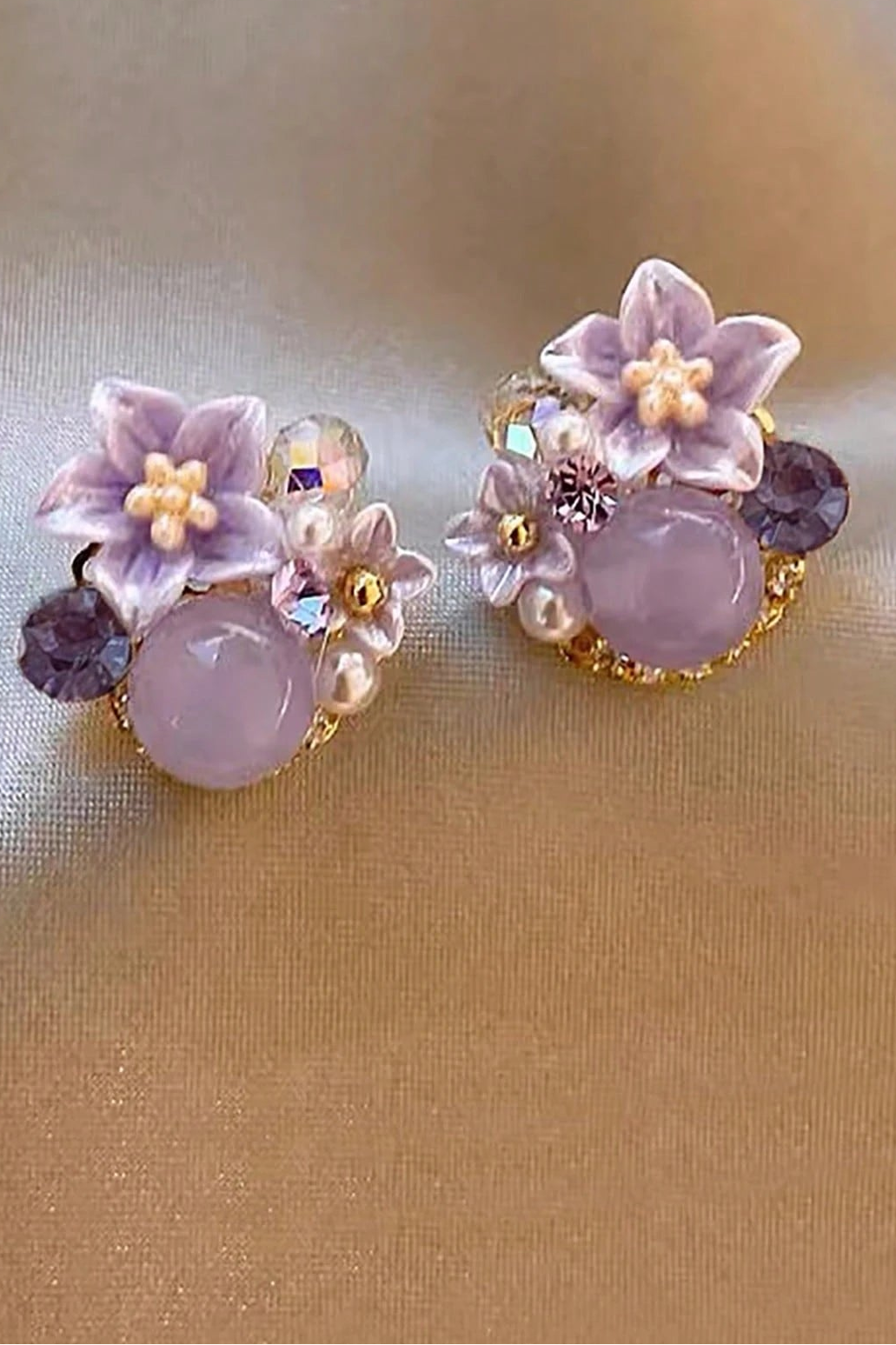 Dainty Purple Floral Crystal Pearl Stud Earrings Gold Jewelry