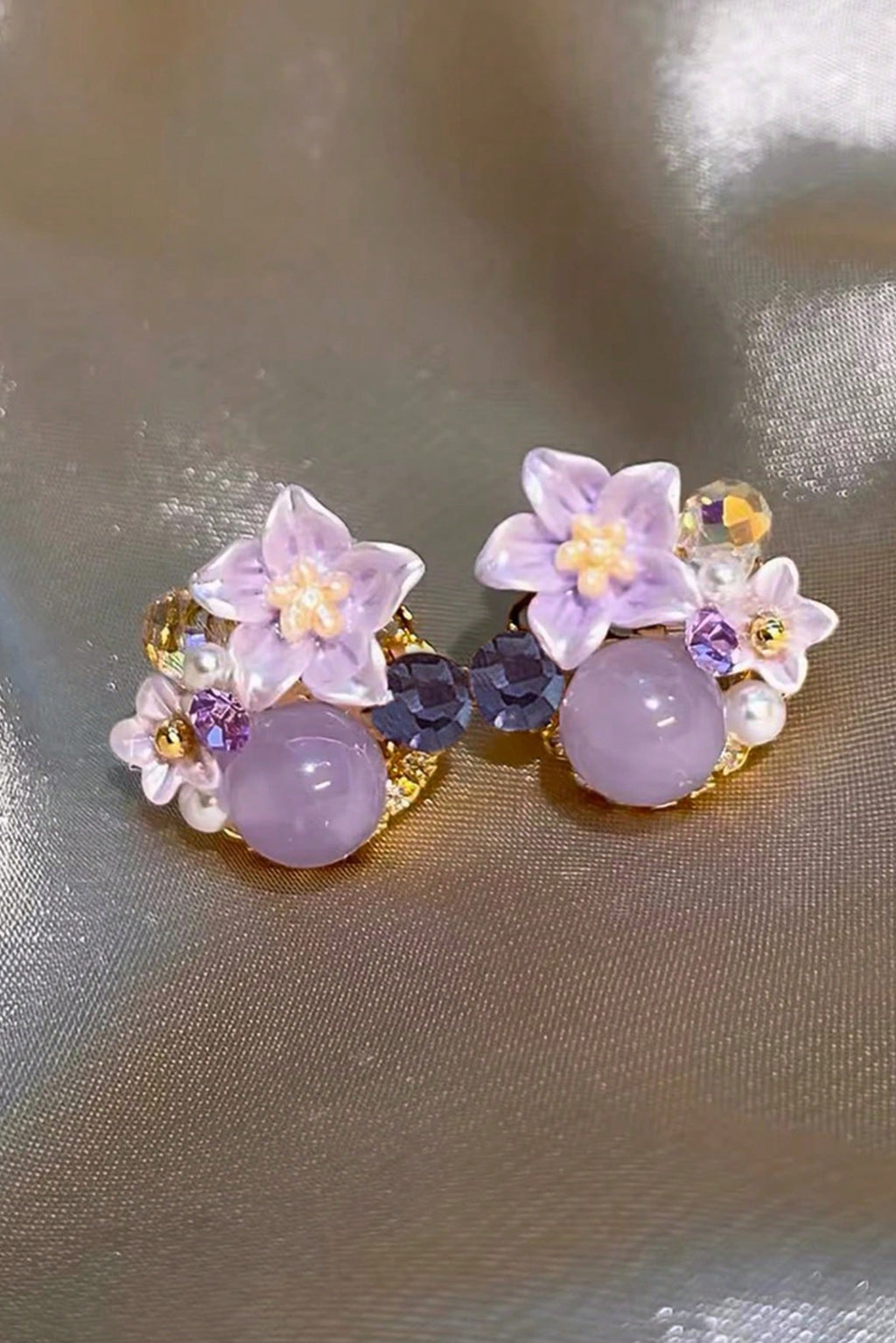 Dainty Purple Floral Crystal Pearl Stud Earrings Gold Jewelry